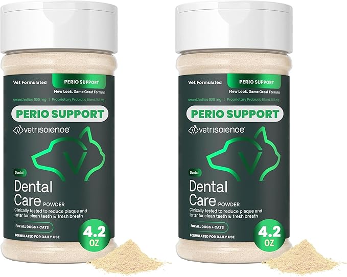 VetriScience Dental Care Powder,Perio Support Clinically Tested Dental Supplement for Small,Medium and Large Breed Dogs,Freshen Breath,Control Plaque and Tartar,Oral Health,4.2 oz,(Pack of 2)
