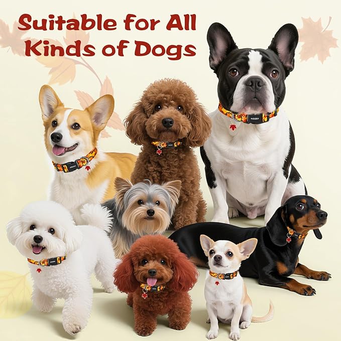 Kazazoo Dog Collar Cute and Soft Nylon Puppy Collar for Boy and Girl, Adjustable Dog Collars for Medium Large Dogs, Maple Leaf-L