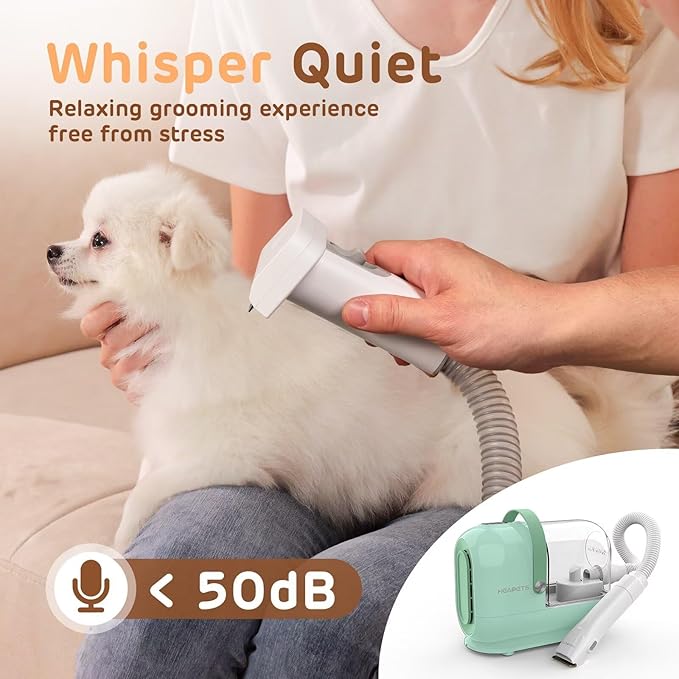 HEAPETS Dog Grooming Vacuum Kit - 3L Vacuum with 7 Tools, Low Noise Electric Clipper and Brush for Pet Shedding at Home, Green