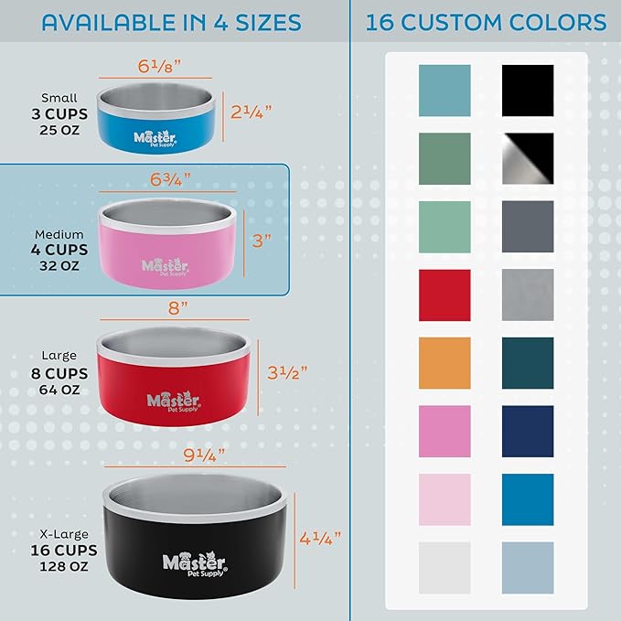 Master Pet Supply Stainless Steel Dog Bowls - 32 oz, Heavy Duty - Stainless Steel, Double Wall Extra-Thick Insulated, Non-Slip Pet Water Bowl for Dogs, Cats & Pets, Anti Rust Metal, Dish Washer Safe