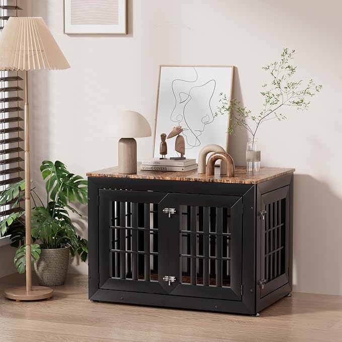 Snuowu 38" Heavy Duty Dog Crate Furniture for Small,Medium and Large Dogs,Rustic Wooden Dog Cage Kennel Indoor Furniture with Waterproof Top,Decorative Pet House Side End Table (Black & Wood)