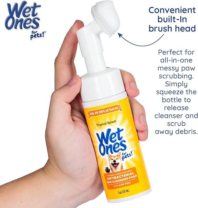 Wet Ones for Pets Antibacterial Dog Paw Cleaner with Built-in Scrubber Brush, Tropical Splash Scent - Foaming Cleanser for Dog Paws - Paw Washer & Grooming Care, 5 Ounce