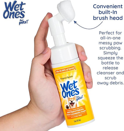Wet Ones for Pets Antibacterial Dog Paw Cleaner with Built-in Scrubber Brush, Tropical Splash Scent - Foaming Cleanser for Dog Paws - Paw Washer & Grooming Care, 5 Ounce