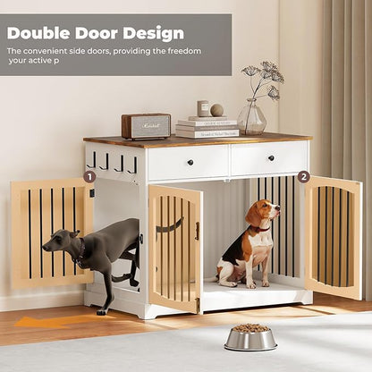 Dog Crate Furniture, Wooden Dog Kennel Furniture, Heavy-Duty Dog Crate End Table with Storage Drawers, Double Doors Decorative Pet Cage House Indoor for Small Medium Dog, 40Inch, White