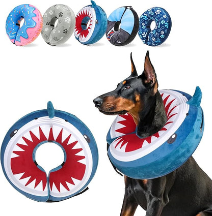 SCENEREAL Dog Cone Alternative After Surgery Pet Recovery Collar for Small Medium Large Dogs Cats, Adjustable Inflatable Donut to Prevent Licking, Shark Print E-Collars