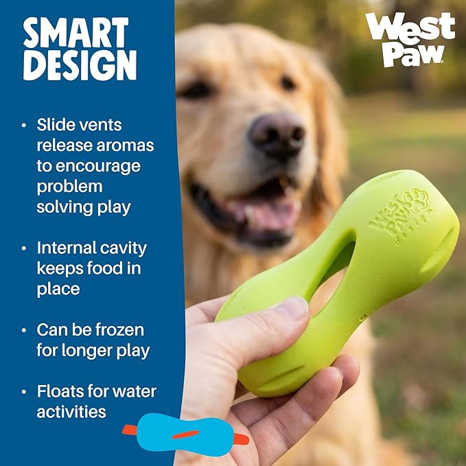 WEST PAW Qwizl Durable Zogoflex Dog Puzzle Toy for Mental Stimulation, and Enrichment - Treat Dispensing for Bully Sticks and Dental Sticks - Dishwasher Safe - Made in USA - Small - River
