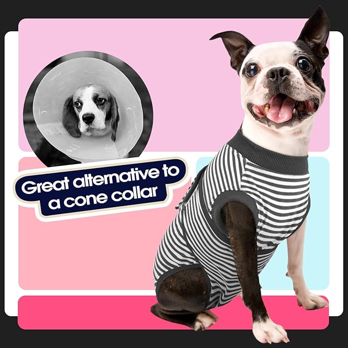 FUAMEY Dog Recovery Suit Male,Dogs Surgery Neuter Suits Puppy Spay Shirts for Female Protect Dog's Skin Anti Licking Abdominal Wounds Doggie Onesie Pet Bodysuit Alternative to Cone Gray Stripes L