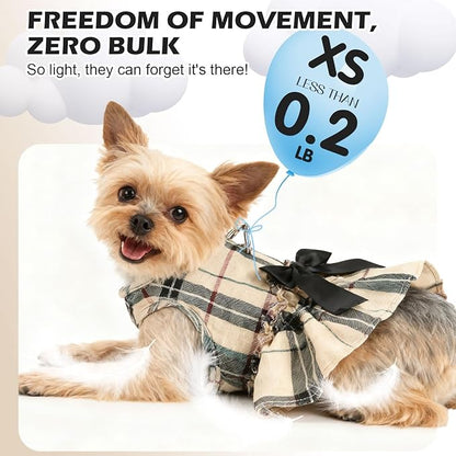 EXPAWLORER Dog Harness Small Medium Sized Dogs, Plaid Dog Dress Bowknot Harness and Leash Set, No Choke No Pull Soft Mesh Vest Cute Princess Puppy Outfits Clothes Costume for Girls Party Cats Beige XS