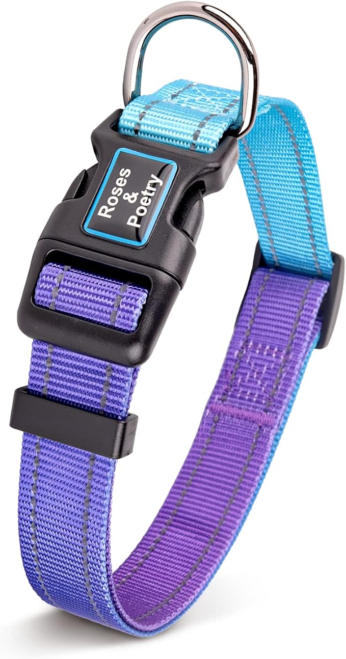 Roses&Poetry Reflective Small Dog Collar and Leash Set, Puppy Collars and Leashes with Gradient Violet, Adjustable Durable Nylon Soft Pet Leash and Collar for Girl and Boy Dogs （Violet-S