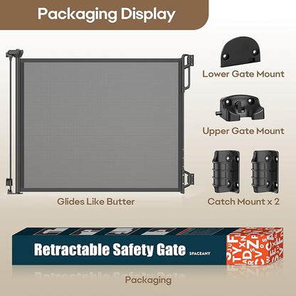 SPACEANY Retractable Safety Baby Gate or Mesh Dog Gate,Durable Portable Mesh Retractable Gate,Easy to Use for Stairs, Doorways, Hallways, Indoor, Outdoor, 33.5" Tall, Up to 45" Wide, Black