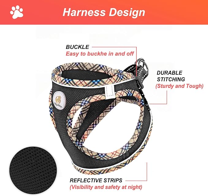 Hipubby Dog Harness Small Sized and Leash Set, No Pull Soft Mesh Puppy Vest, Reflective Breathable Lightweight Pet Harness, Harness for Small Medium Dogs and Cats - Black/Khaki Trim, XXS