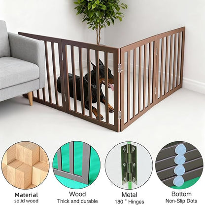 ZJSF Freestanding Indoor Dog Gate for House Foldable Wood Brown Puppy Gate for Doorways Pet Gate for Stairs Extra Wide Pet Fence 32" Height 4 Panels
