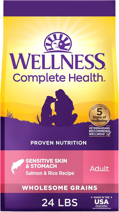 Wellness Complete Health Sensitive Skin and Stomach Dry Dog Food, Wholesome Grain Kibble, Natural, Chicken Free, Salmon and Rice Recipe, 24 lb Bag