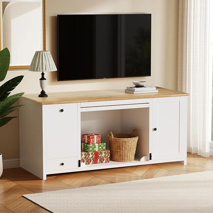 55 ” Wooden Dog Crate Furniture for Medium Dogs, End Table Sideboard Heavy Duty Dog House TV Stand with Pull-Out Feeding Station, Storage Cabinets and Drawer, Decorative Indoor White