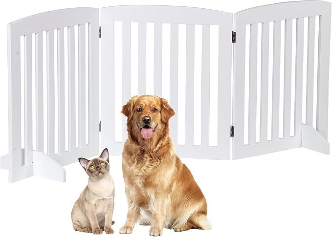 Dog Gate 61 x 24 Inch Freestanding Indoor Pet Door for House Doorways Stairs Halls, Foldable Wood Safety Fence 3 Panels, White