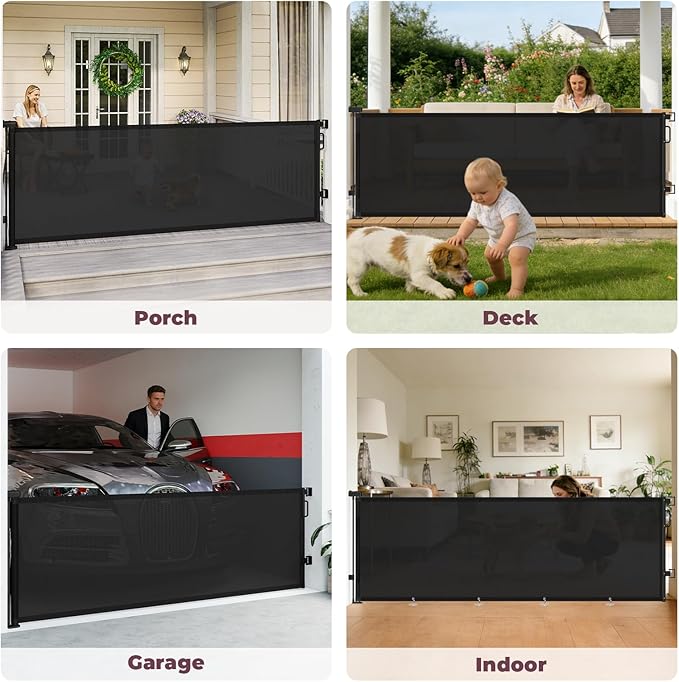 96" Retractable Baby Gates Large Openings, Extra Wide Mesh Dog Gate for Garage Deck Porch, Strong Suction Disc Prevent Crawling Under, 34" Tall Long Safety Gate for Child Indoor Outdoor, Black