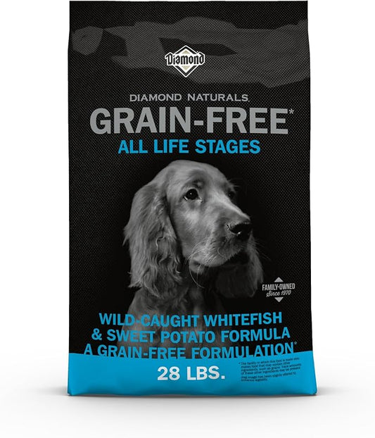 Diamond Naturals Grain-Free Recipe All Life Stages High Quality Protein Dry Dog Food with Premium Wild-Caught Whitefish and Sweet Potato with Taurine, and Omega Fatty Acids, in all Breed Sizes 28lb