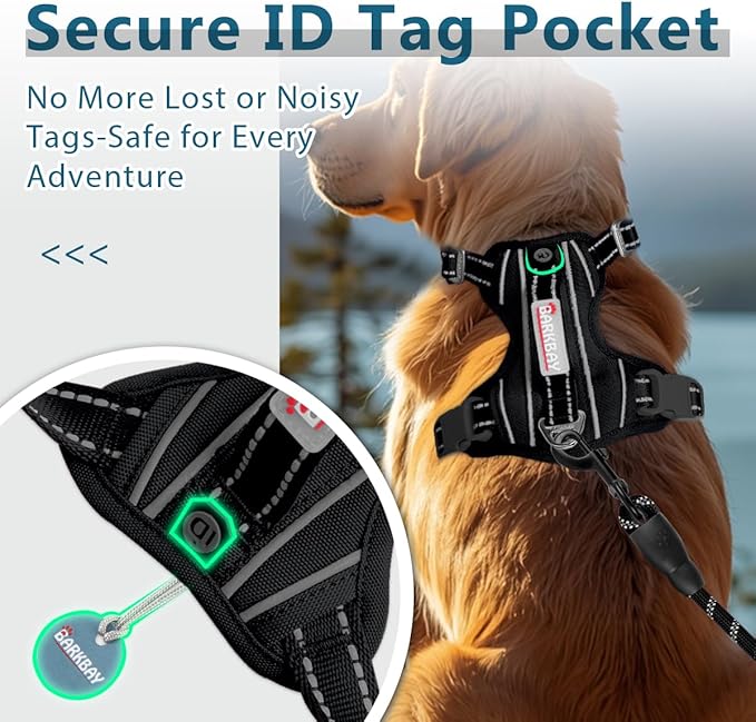 BARKBAY Dog Harness No Pull Oxford with ID Tag Pocket - Heavy Duty, Reflective, Easy Control for Large Dogs(Black Oxford,XL)