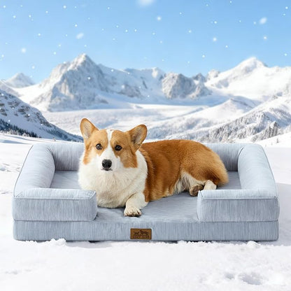Cooling Dog Bed for Large Medium Size Dogs, Q-Max >0.4 Summer Cool Orthopedic Foam Pet Sofa Bed with Sides, Bolster Anti-Slip Couch with Washable Removable Cover, L 36x27x6.5 inch, Blue