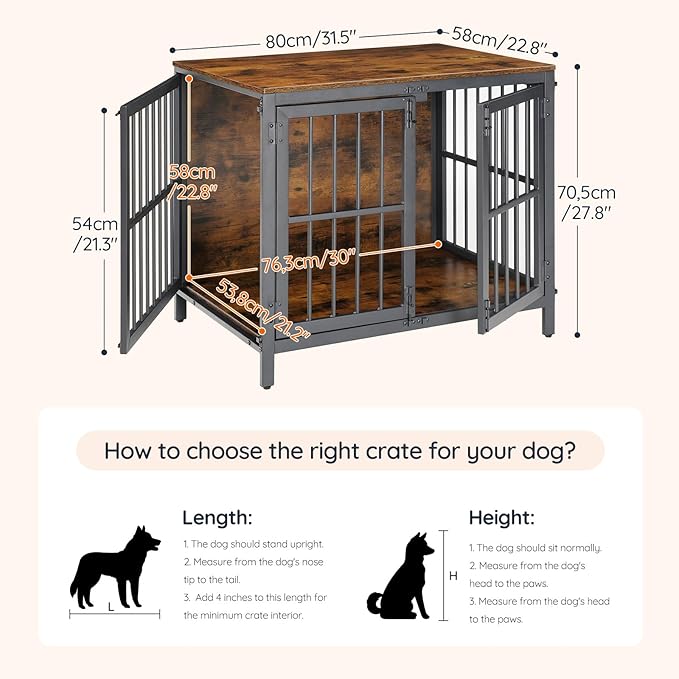 HOOBRO Heavy Duty Dog Crate Furniture, 31.5" Wooden Indoor Kennel with 3 Doors, Chew Resistant Metal Cage for Small and Medium Breeds, Dog Crate Side Table, Black and Rustic Brown BF81GW03