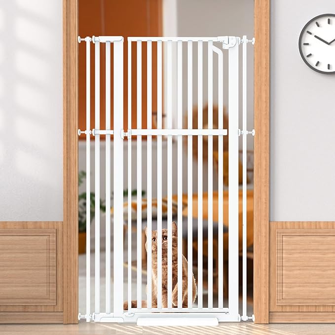 Senneny 63” Extra Tall Cat Gate Auto Close & One-Hand Open, Includes Extension Kits, No Drilling Pressure Mounted Kits and Wall Mounted Kits, Metal Pet Gate Fits Openings 33.4” to 37.4” Wide, White