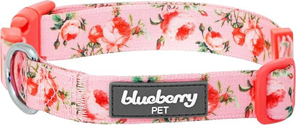 Blueberry Pet Dog Collar - Floral Rose Baby Pink Puppy Collar, Adjustable Dog Collars for Small Dogs, Small Dog Collar Neck 12"-16", Pink Dog Collar with Eco-Friendly Buckles