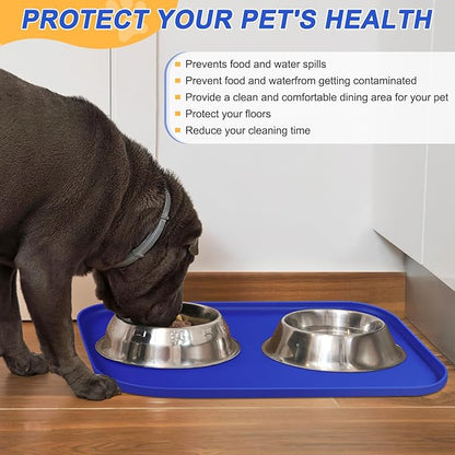 SMILOOL Silicone Pet Feeding Mat with Raised Edge for Food and Water, Dog Bowl Mats, Cat Bowls Placemat with High Lip for Floor Waterproof, Rubber Tray for Cats and Dogs 19 x 12 x0.7 Navy Blue