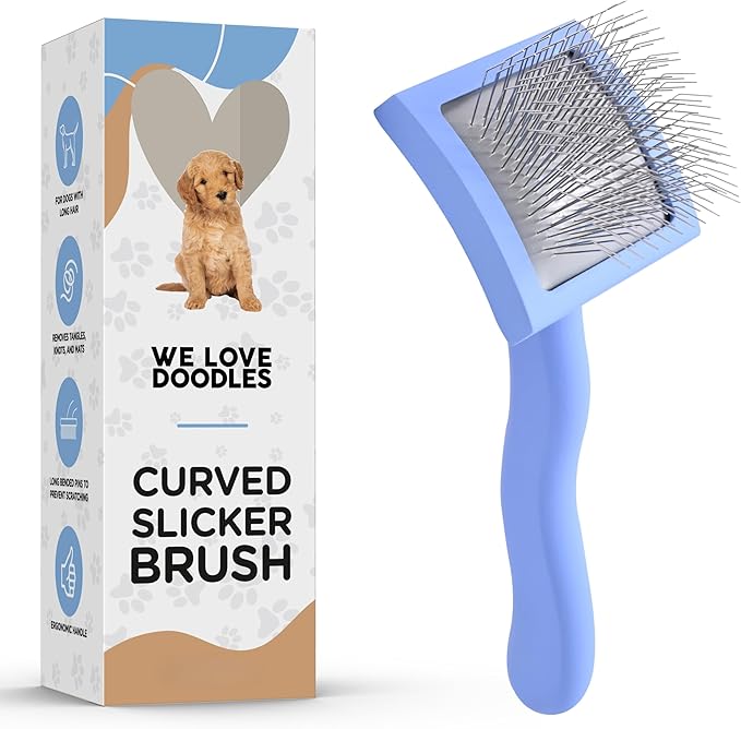 Slicker Brush for Dogs, Dog Grooming Supplies - Best Doodle & Poodle Brush for Haired Dogs - Goldendoodle Pin Detangler for Dematting (Small Curved)