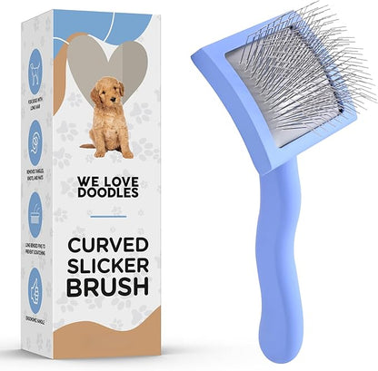 Slicker Brush for Dogs, Dog Grooming Supplies - Best Doodle & Poodle Brush for Haired Dogs - Goldendoodle Pin Detangler for Dematting (Small Curved)