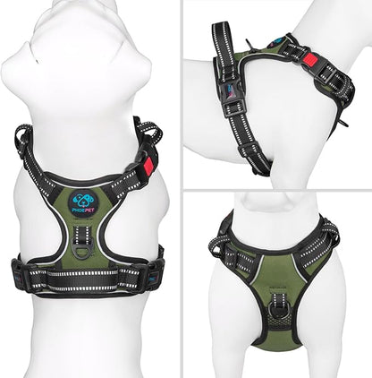 PHOEPET No Pull Dog Harness with Handle Front & Back Clip, Easy on Lockable Snap Buckle at Neck, Adjustable Reflective Vest with Handle for Small Medium Large Dogs (XS, Misty Green)