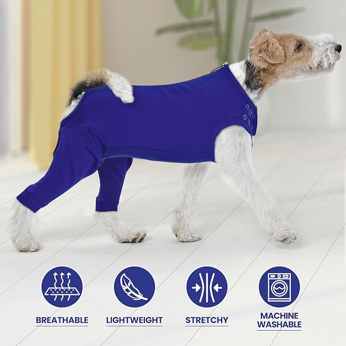 IDOMIK Dog Recovery Suit,Dog Leg Sleeve to Stop Licking Rear Legs,Thigh Wound Protective Sleeve,Male Female Pet Surgical Clothes,Doggy Surgical Suit with Pants Cover,Cone Collar Alternative,Blue,2XL