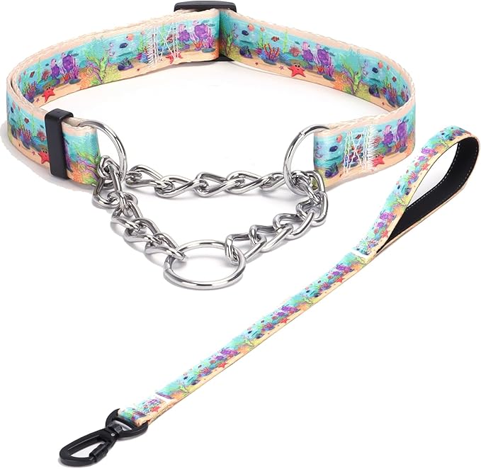 Martingale Dog Collar with Stainless Steel Chain - Limited Chain Cinch Training Collar for No Pull Training Dog - Flower Multicolor Cute Patterns - Premium No Slip Collar (S, Ocean Set)