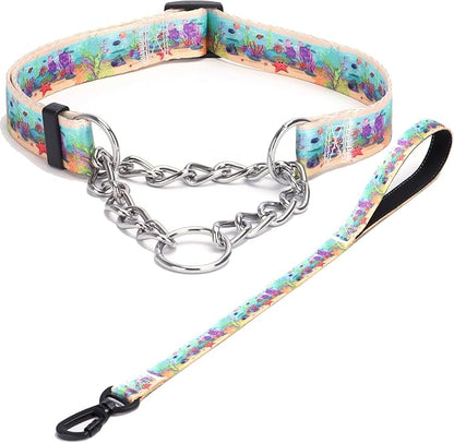 Martingale Dog Collar and Leash Set, Stainless Steel Chain, No Pull Training Collar with Flower Design, for Small, Medium, Large Dogs (NO31, L)