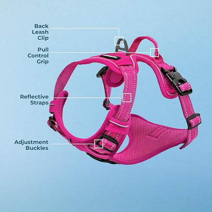 Voyager Dog Harness Dual Leash Attachment No-Pull Control Adjustable Soft but Strong Pet Harness for Medium and Large Dogs with 3M Reflective Technology, Fuchsia Nylon, S (Chest: 16-20")