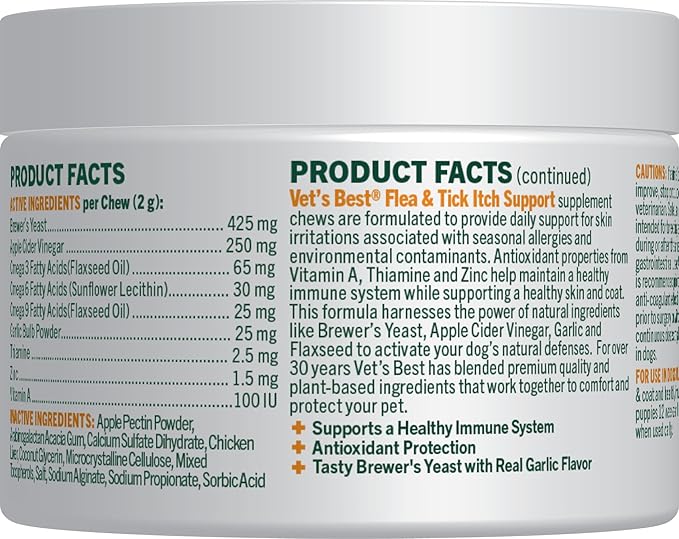 Vet's Best Natural Flea & Tick Soft Chews for Dogs – Natural Supplement for Dog Flea and Tick Prevention – Veterinarian-Formulated Itch Relief and Immune Support – Made in USA – 60 Chews