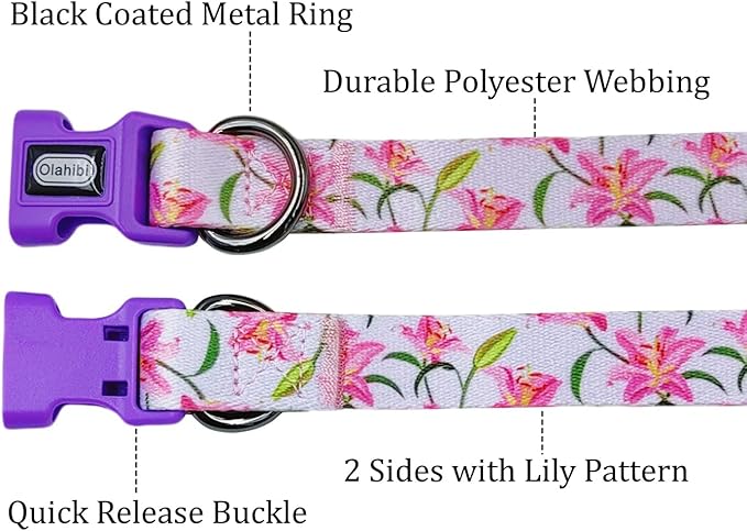 Dog Collar Leash Set, Floral Pattern, Polyester Material, Adjustable Collar and 5ft Matchcing Leash, for Large Dogs.(L, Purple Lily)