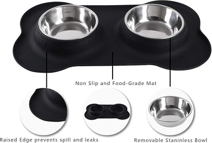 Hubulk Pet Dog Bowls 2 Stainless Steel Dog Bowl with No Spill Non-Skid Silicone Mat + Pet Food Scoop Water and Food Feeder Bowls for Feeding Small Medium Large Dogs Cats Puppies (Large, Black)