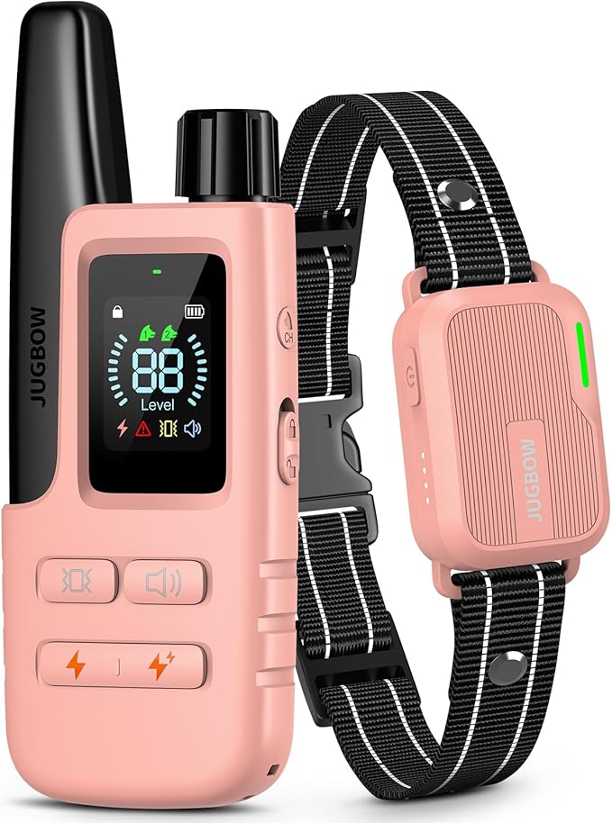 Jugbow Dog Shock Collar - 4500FT Dog Training Collar with Remote, IPX8 Waterproof Electric Dog Collar with 4 Training Modes, Security Lock, Rechargeable eCollar for 10-120lbs Dogs(Pink)