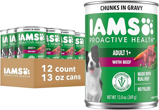 IAMS Proactive Health Wet Dog Food Adult, Canned Dog Food, Beef, Rice, Carrots & Green Beans Chunks in Gravy, 13 oz. Cans (Pack of 12)