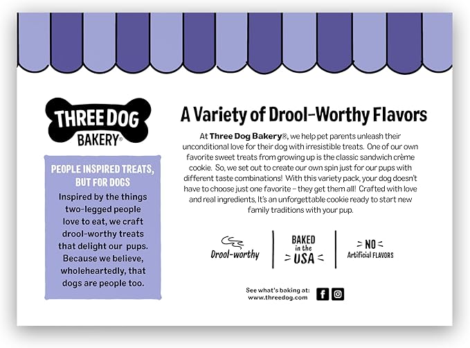 Three Dog Bakery Lick’n Crunch! Dessert Favorites Dog Treats Variety Pack, Crunchy Sandwich Dog Cookies with Churro, Blueberry Pie & Strawberry Shortcake Cream Fillings, 13 oz