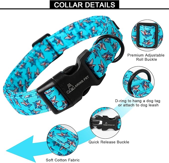 ARING PET Summer Dog Collar, Cute Blue Shark Pet Collars with Quick Release Buckle for Puppy Small Medium Large Boy Girl Dogs-XS