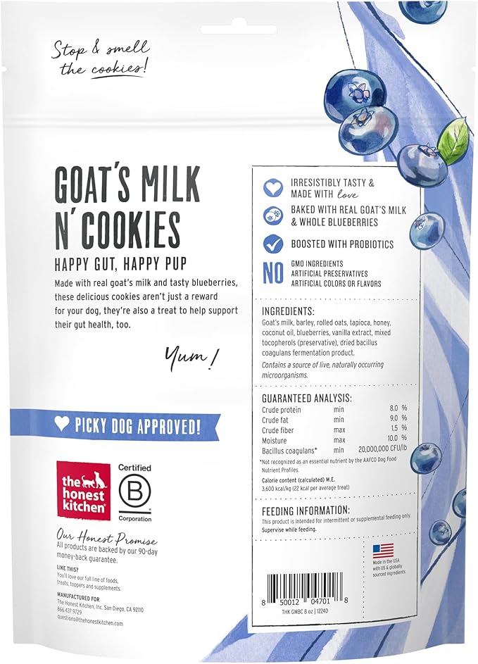 The Honest Kitchen Human Grade Dog Treats Goat's Milk N' Cookies: Slow Baked with Blueberries & Vanilla, 8 oz Bag