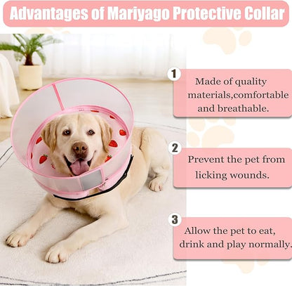 Inflatable Dog Cone Collar for Large Medium Small Dogs, Soft Dog Donut Collar Adjustable Recovery Cone for Pets After Surgery, Extra Enhanced Anti-Licking Guard Shield (Strawberry Print, Medium Plus)