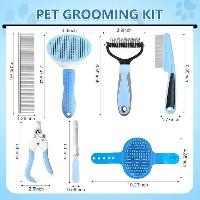 Dog Brush Dog Grooming Kit 7PCS Dog Brush for Shedding-Dog Brushes for Grooming, Dematting Comb for Dogs, Cat Nail Clipper with Nail File, Flea Comb, Pet Comb, Pet Bath Brush-Blue