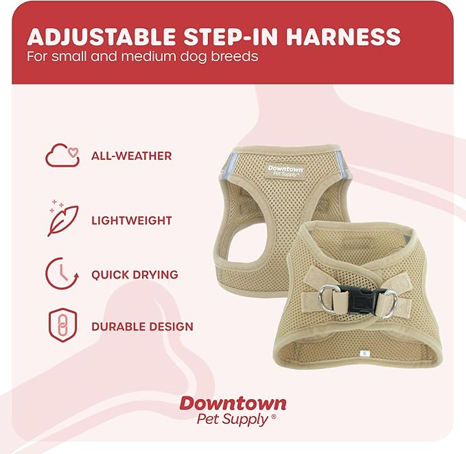 Downtown Pet Supply Step-in Dog Harness – No Pull, Adjustable Padded Mesh with Reflective Trim, Secure Buckle Strap – Comfortable & Breathable Small Dog Harness, Small, Khaki