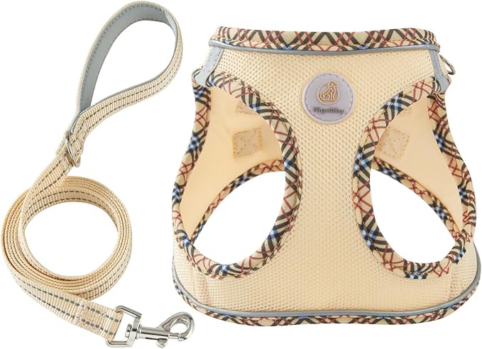Hipubby Dog Harness Small Sized and Leash Set, No Pull Soft Mesh Puppy Vest, Reflective Breathable Lightweight Pet Harness, Harness for Small Medium Dogs and Cats - Khaki/Tirm, XS