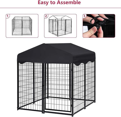 Dog Kennel Outside, 4.5' x 4' x 4' Dog Kennel Outdoor with Roof for Medium Small Dogs, Outdoor Dog Cage Dog Pen with Waterproof & UV-Resistant Cover, 12 Nails for Stablility, 2 Sets