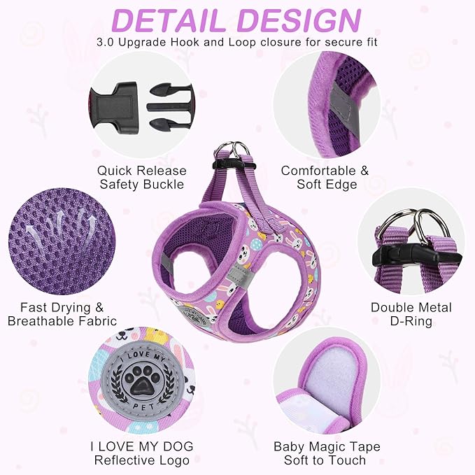 BEAUTYZOO Easter Dog Harness and Leash Set,Step in No Choke No Pull Soft Mesh Dog Harnesses Reflective for XSmall/Small Puppy Dogs Cats, Cute Coloful Egg Dog Vest for Outdoor Walking,Purple S
