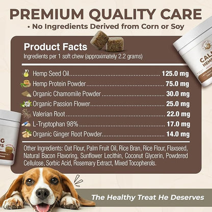 Bacon Calming Bites for Dogs - Separation Anxiety Relief & Stress Support - Hemp Calming Treats for Dogs - No Melatonin - 120 Bacon Flavor Soft Chews