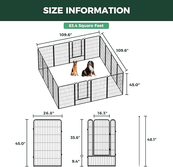 FXW Rollick Unleashed Dog Playpen for Indoor, Yard, RV Camping, 45 inch 16 Panels Dog Pen with Anchor Kit (4 Packs) for Large Dogs, Black│Patented